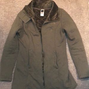 North face olive green fleece lined jacket.